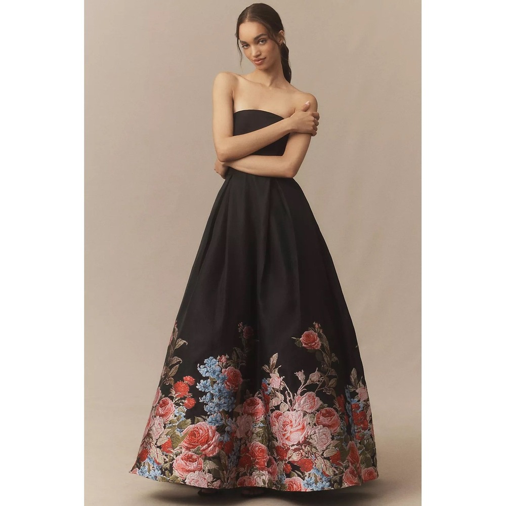NEW Mac Duggal Black Strapless Floral Brocade Ballgown $798 -‎ Size 4 - Picture 4 of 14